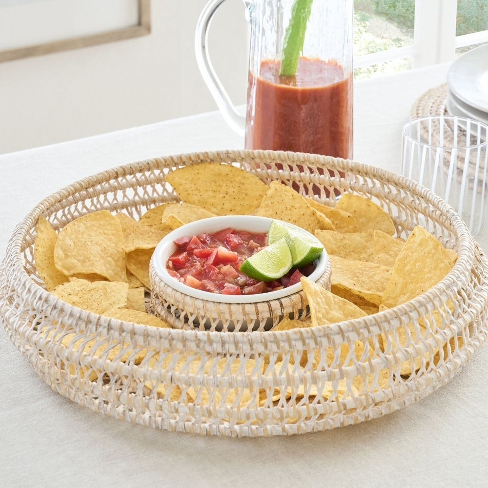 Pottery Barn Miramar Natural Woven Tray with White Bowl Chip Salsa DISCONTINUED